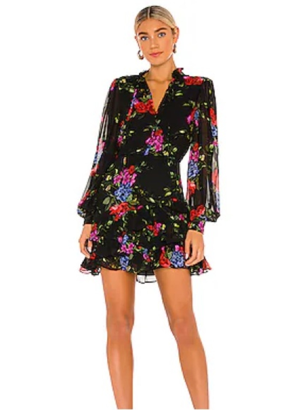 Yumi Kim Marquis Floral Chiffon Ruffle Mini Dress Sheer Sleeve L